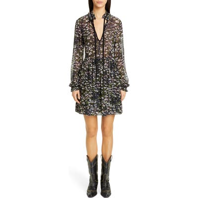 Ganni Long Sleeve Floral Print Georgette Dress, Black