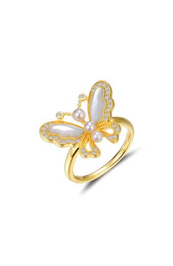 Shop Lafonn Cultured Freshwater Pearl, Mother-of-pearl & Simulated Diamond Butterfly Ring In Gold/white