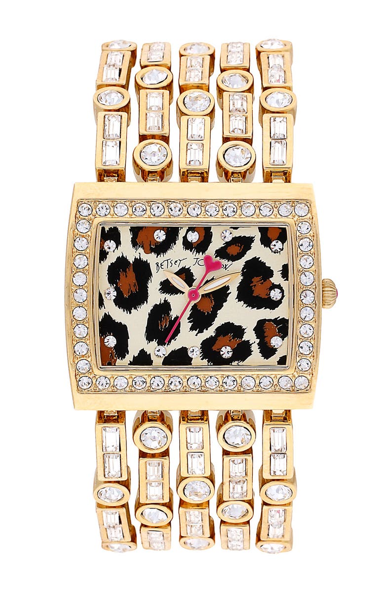 BETSEY JOHNSON Leopard Print Dial Bracelet Watch, Main, color, Gold