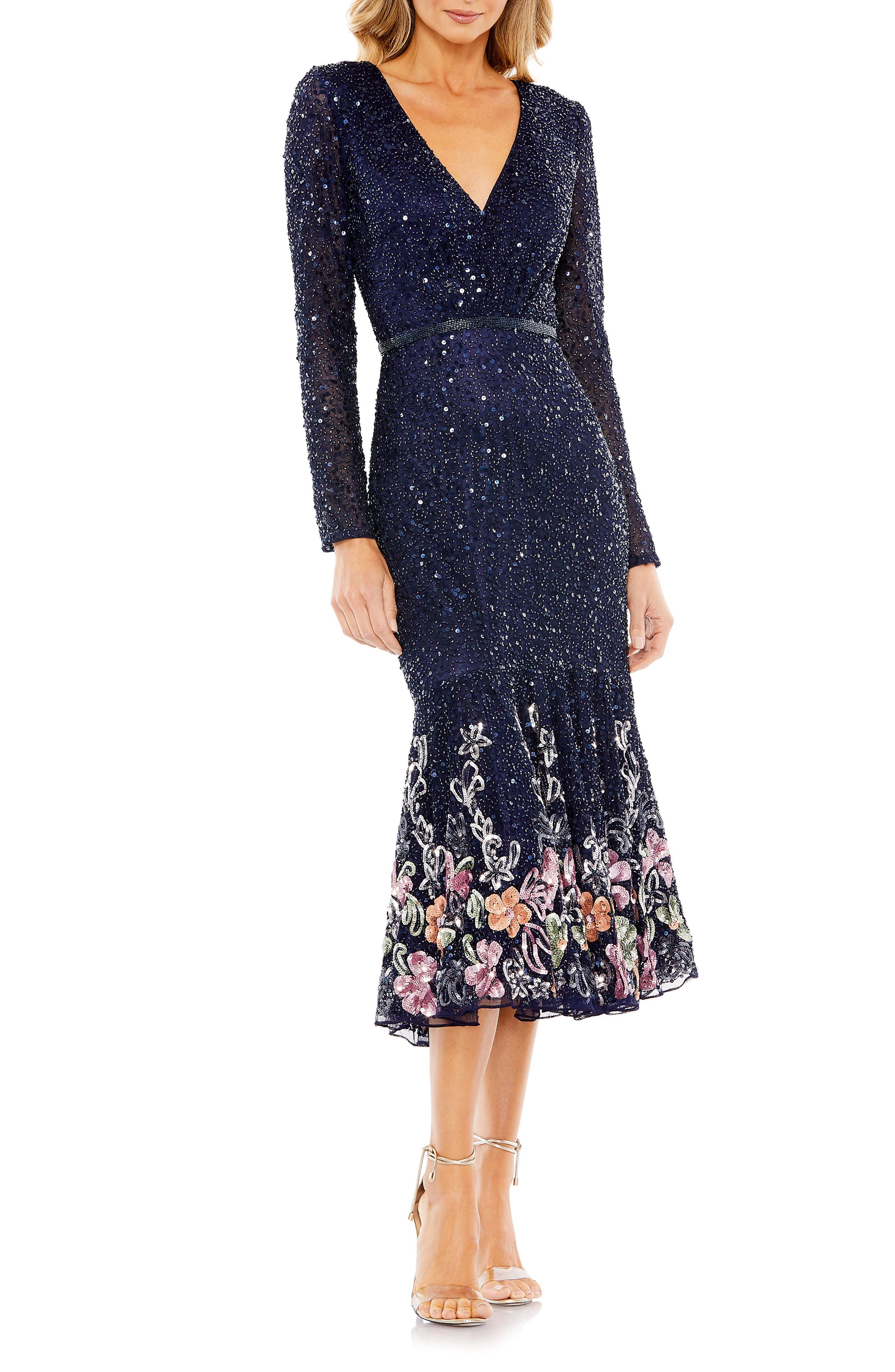 Mac Duggal Floral Embellished Long Sleeve Midi Cocktail Dress | Nordstrom