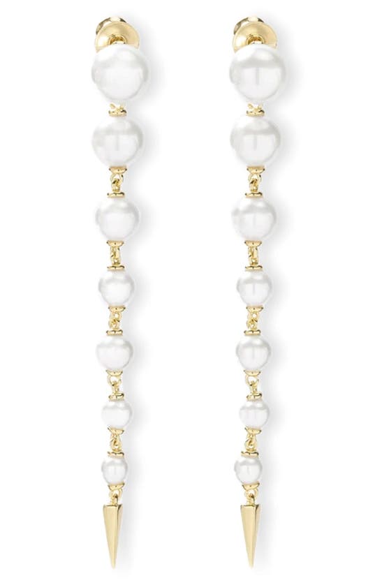 Shop Melinda Maria Imitation Pearl Linear Drop Earrings In White Pearl/ Gold