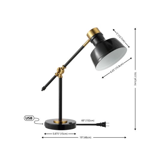 Jonathan Y Allegra Classic Farmhouse Adjustable Cantilever Led Task Lamp With Usb Charging Port In Black/brass Gold