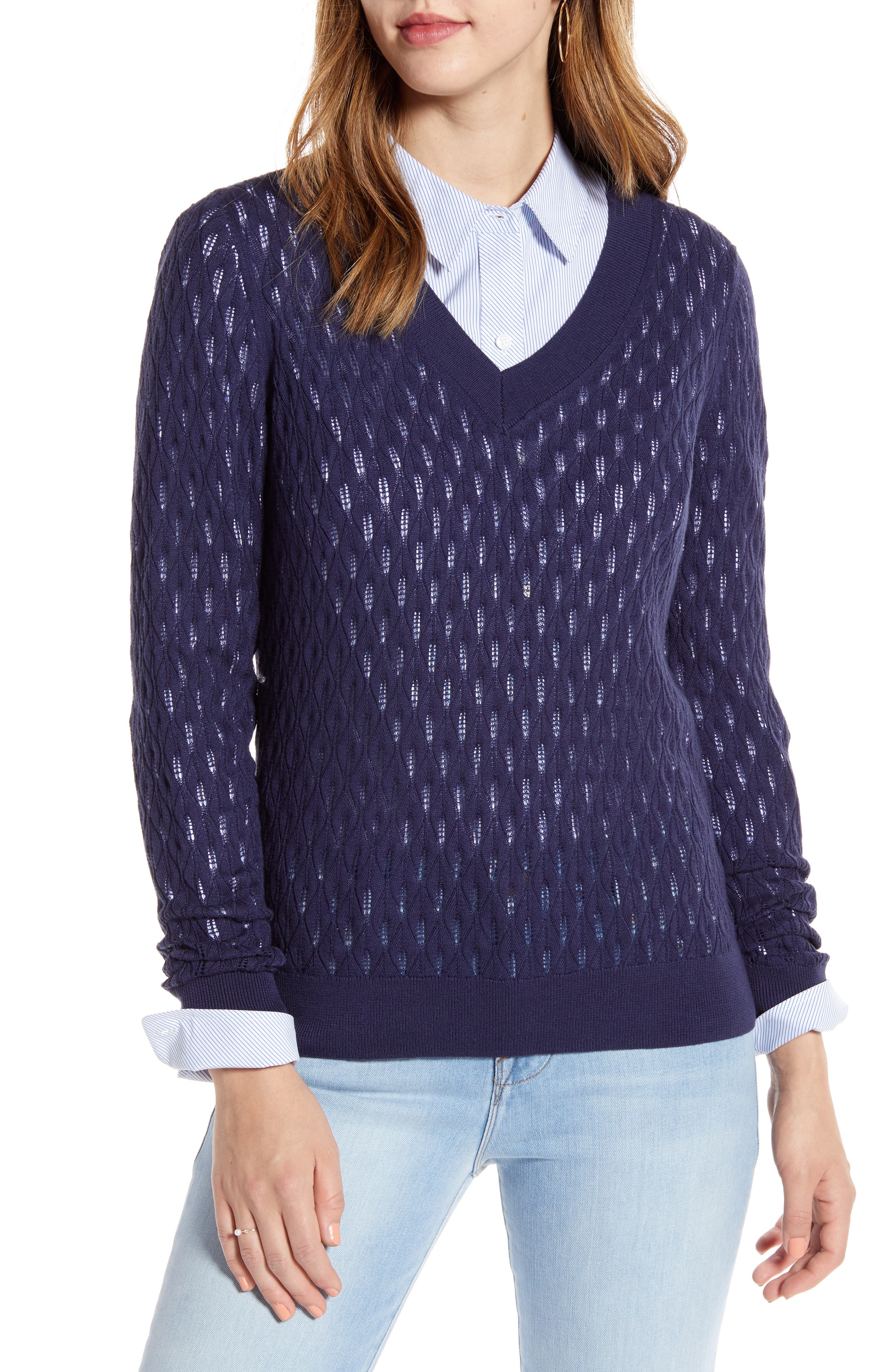 1901 V-Neck Pointelle Sweater, Blue