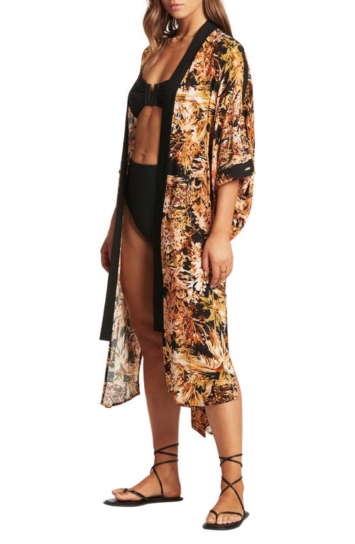 Shop Sea Level Floral Open Front Belted Cover-up In Black