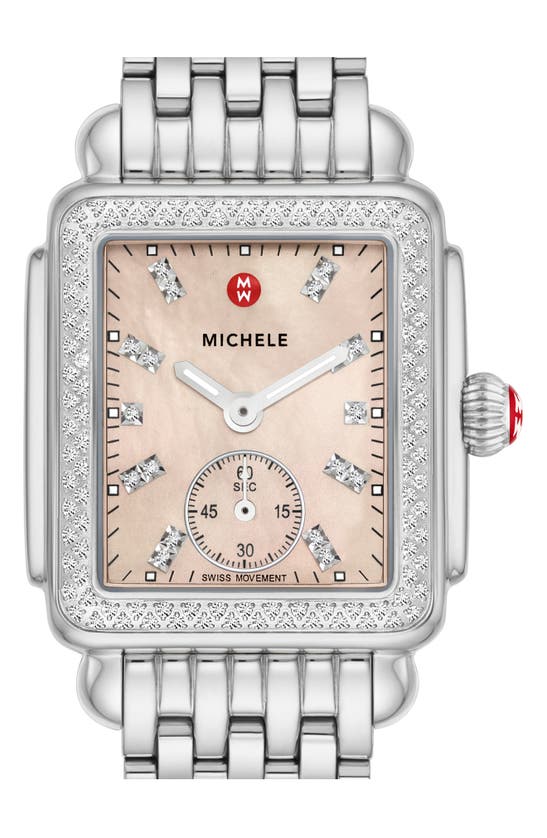 Shop Michele Deco Mid Diamond Bracelet Watch, 31mm In Silver