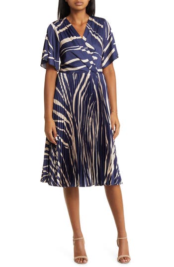 Maggy London Abstract Print Wrap Front Midi Dress In Royal Navy/bone