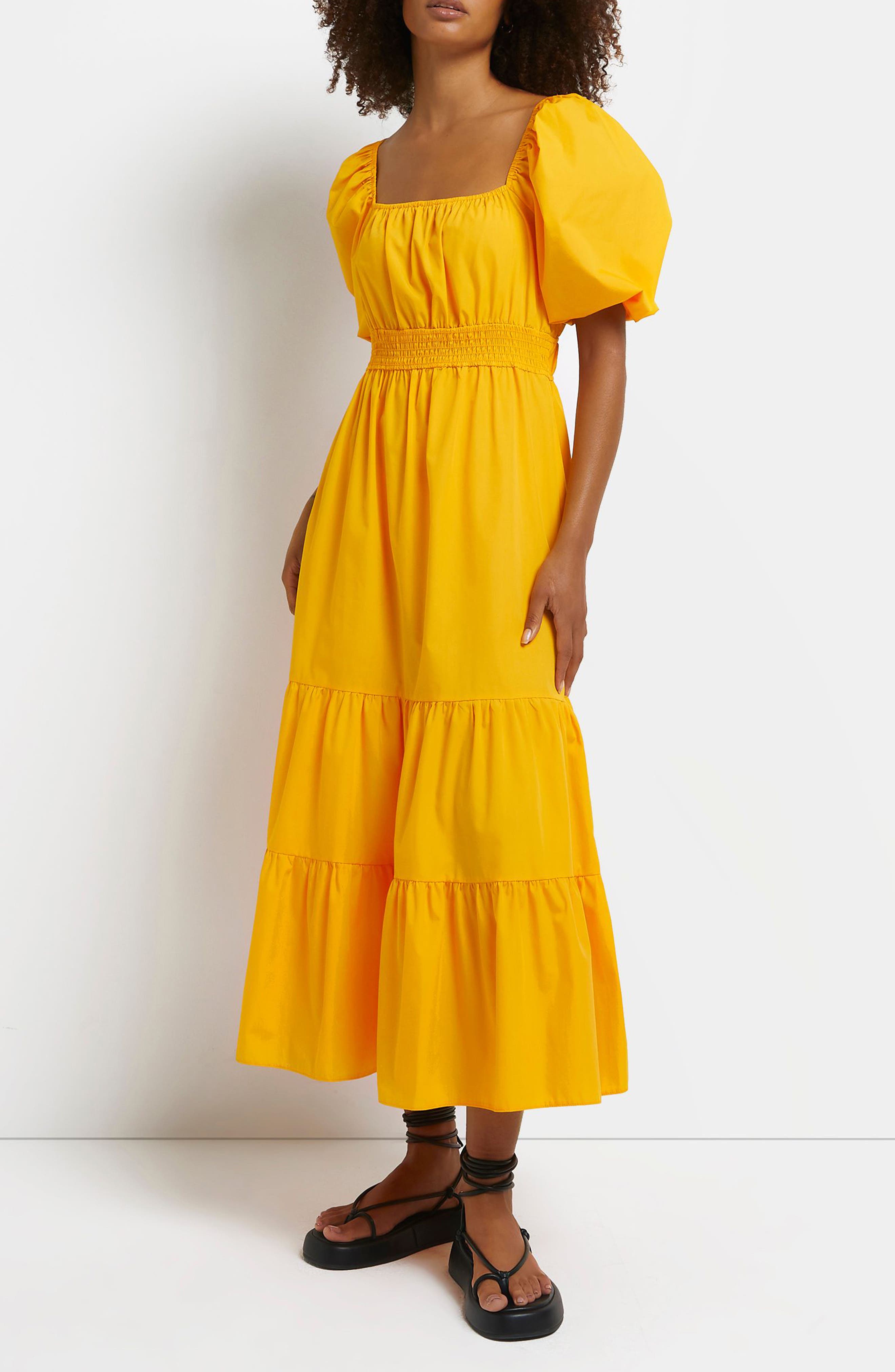 River Island Womens Orange Shirred Smock Midi Dress - 10