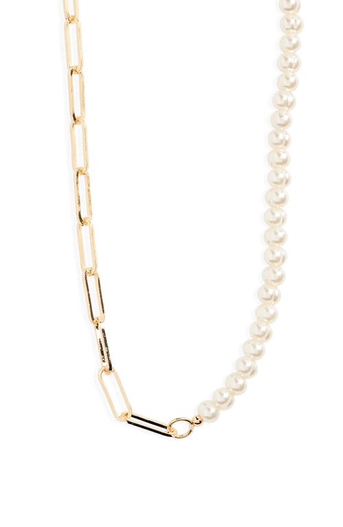 Imitation Pearl & Paper Clip Chain Necklace in Gold Multi