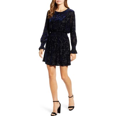 Petite Gibson X Glam Tara Gibson Flocked Velvet Long Sleeve Date Dress, Blue (Regular & Petite) (Nordstrom Exclusive)