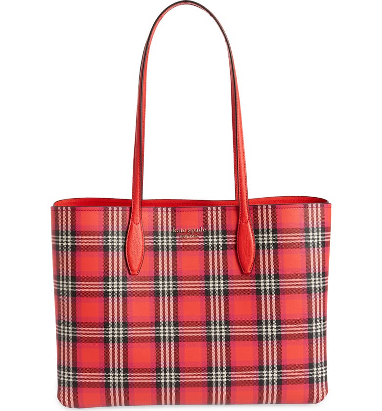 KATE SPADE NEW YORK all day foliage plaid large tote, Main, color, PINK MULTI