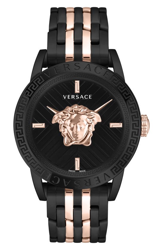 Versace Men's V-code Black & Rose Goldtone Stainless Steel Watch In Two Tone