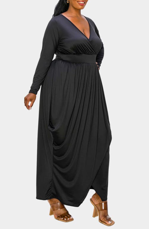 L I V D Giuliana Long Sleeve Tulip Hem Faux Wrap Maxi Dress In Black