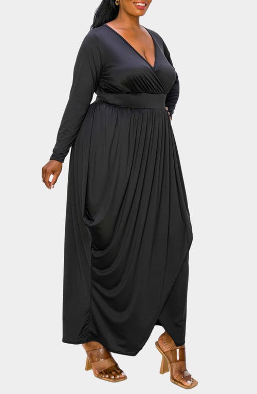 Shop L I V D Giuliana Long Sleeve Tulip Hem Faux Wrap Maxi Dress In Black