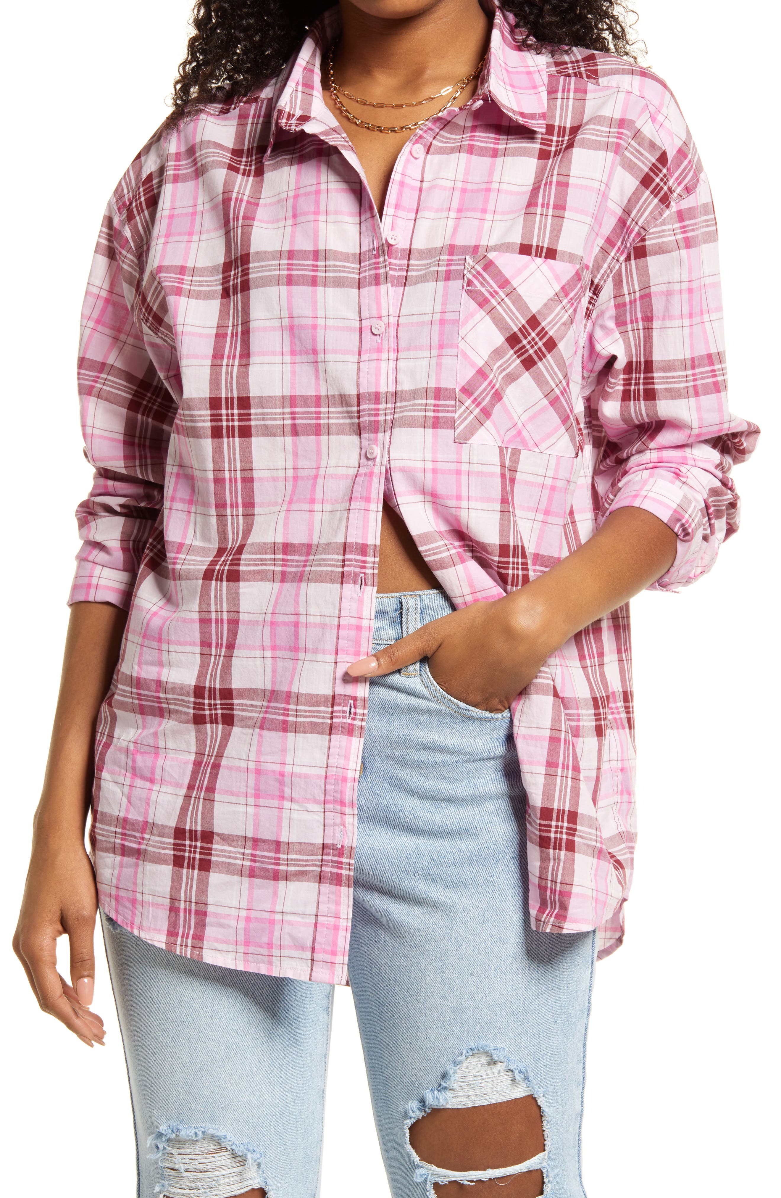 pink plaid button up shirt