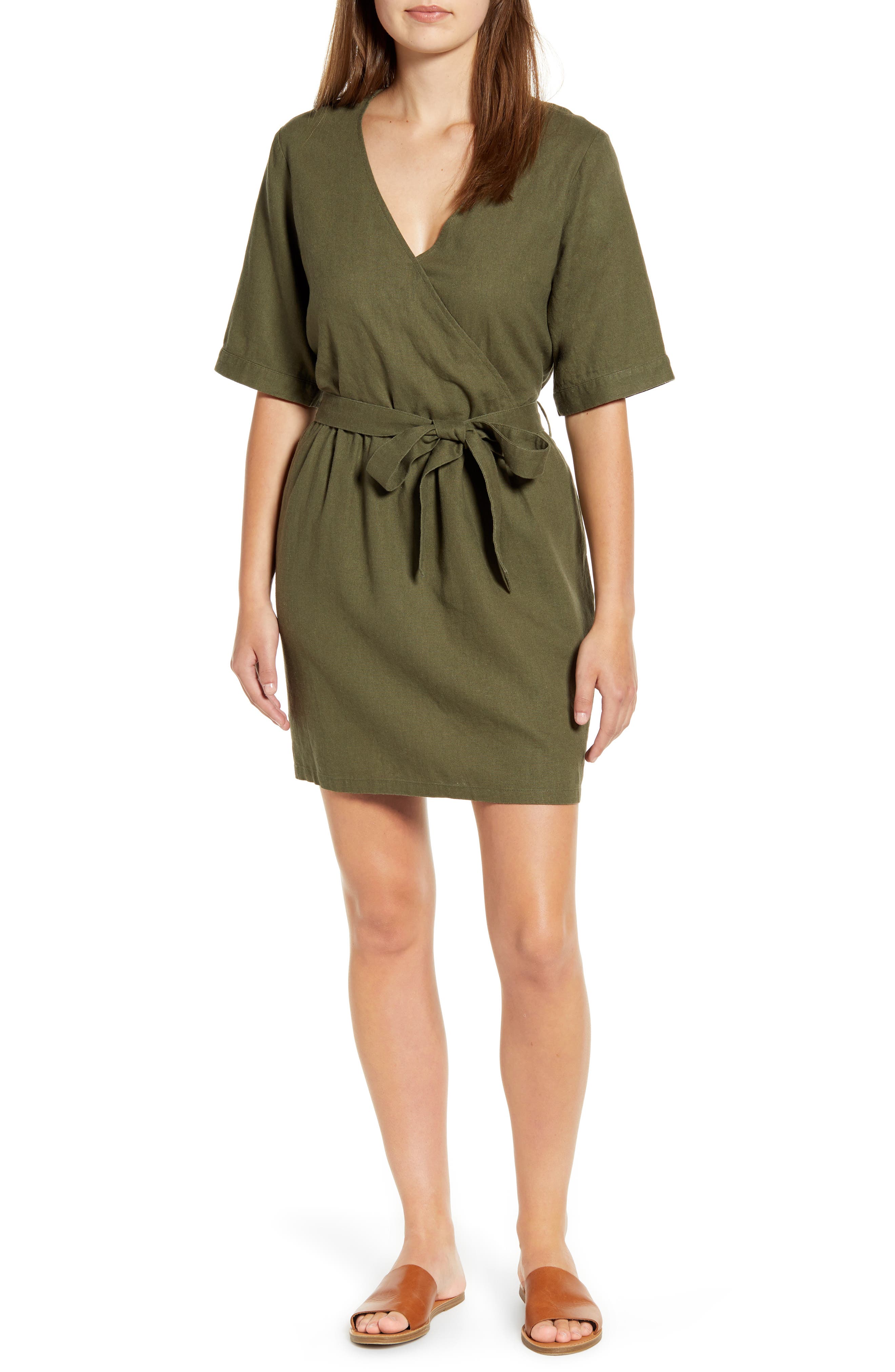 Caslon Linen Blend Faux Wrap Dress, Green