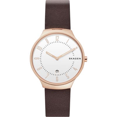 Skagen Grenen Leather Strap Watch,