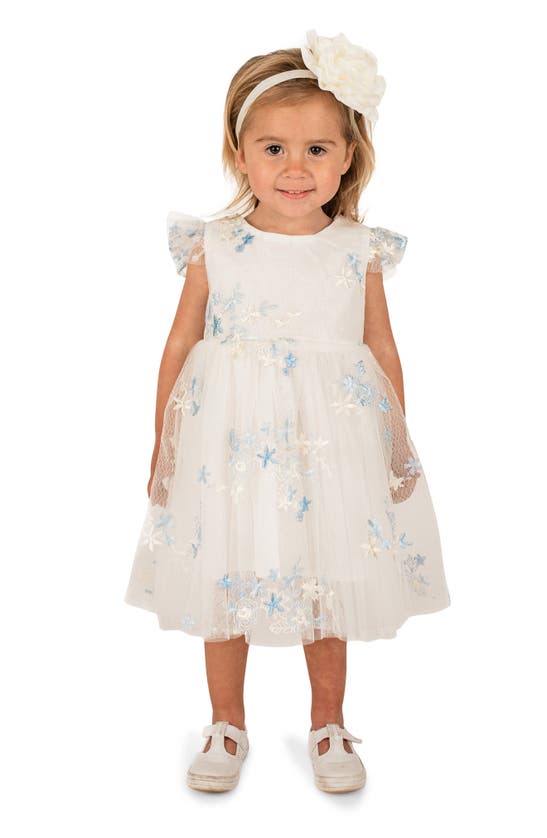 Shop Popatu Kids' Floral Embroidered Flutter Sleeve Party Dress In White/ Blue