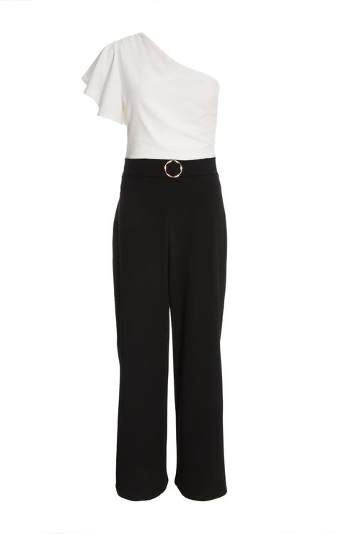 Quiz Black & White Scuba Crepe One Shoulder Jumpsuit In Black