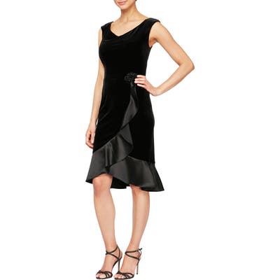 Alex Evenings Satin Trim Velvet Cocktail Dress, Black