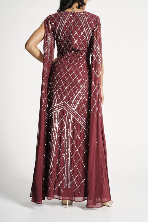 Shop Frock And Frill Cape Sleeve Maxi Gown With Tonal Embellishment In Tawny Port