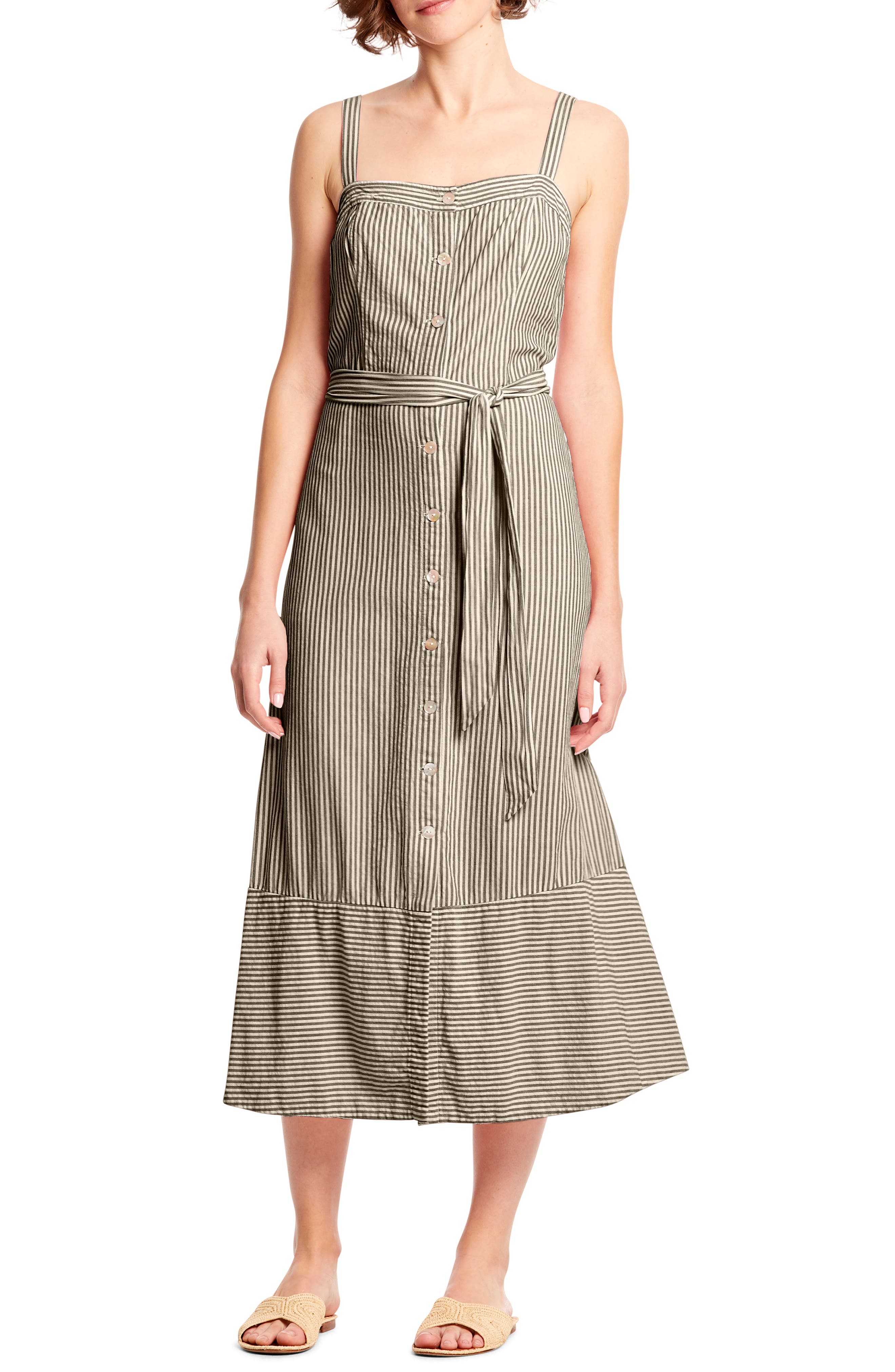 Michael Stars Raina Stripe Button Front Midi Dress, Black