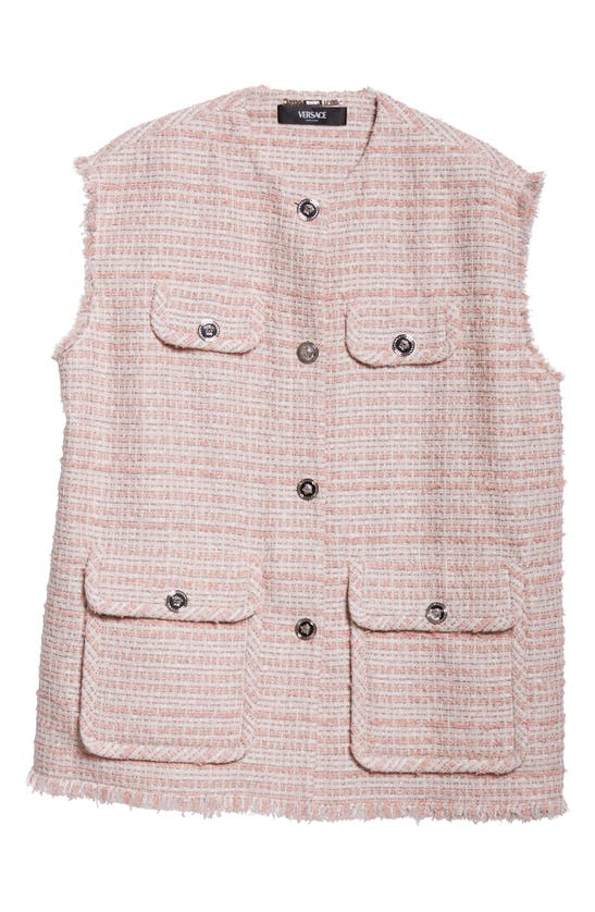 Shop Versace Oversize Tweed Vest In Dusty Rose Ivory