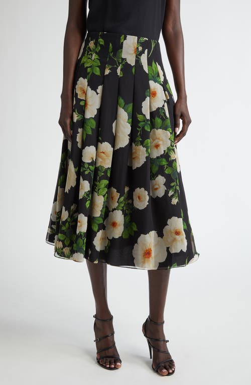 Carolina Herrera Floral Pleated Silk Midi Skirt Black Multi at Nordstrom,