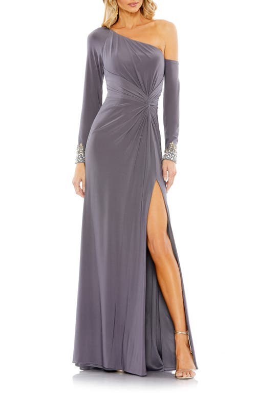 Mac Duggal One-shoulder Long Sleeve Jersey Gown In Gray