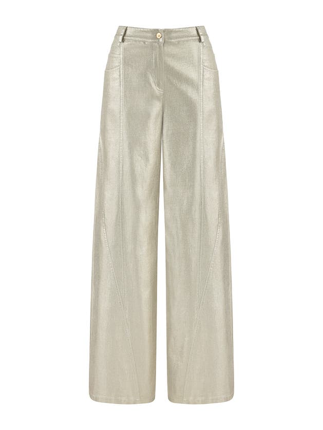 Shop Nocturne Metallic Printed Pants In Metallic Gold