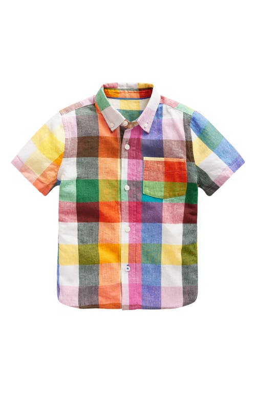 Mini Boden Kids' Check Short Sleeve Linen & Cotton Button-Down Shirt Bright Neon Multigingham at Nordstrom,