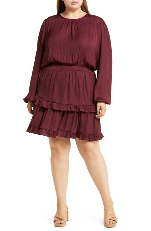 Socialite Curve Ruffle Long Sleeve Tiered Dress in Tawny Port