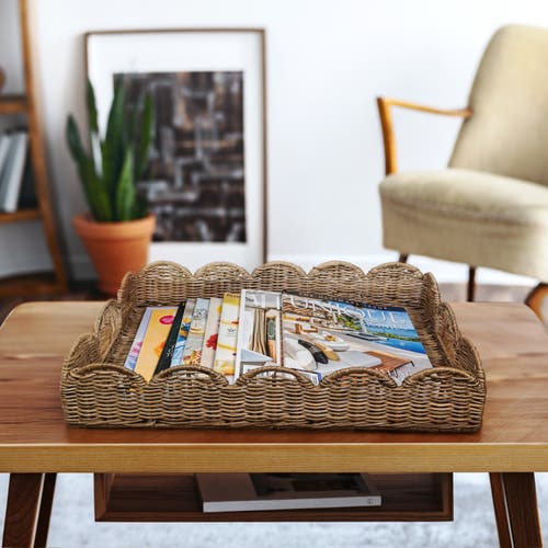 Happimess Scalloped 21.5in Southwestern Cottage Hand-woven Rattan Tray With Handles In Natural