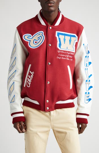 Jacketsthreads Women’s Off-White Virgil Abloh Varsity Jacket with Yellow Striped Sleeves