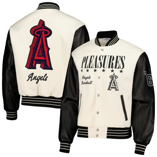 Men's PLEASURES White Los Angeles Angels Full-Snap Varsity Jacket