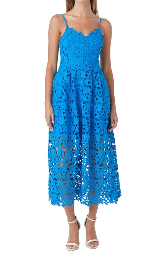 Shop Endless Rose Lace Spaghetti Strap Midi Dress In Ocean Blue