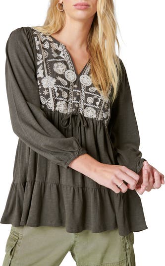 Lucky Brand Embroidered Long Sleeve Top