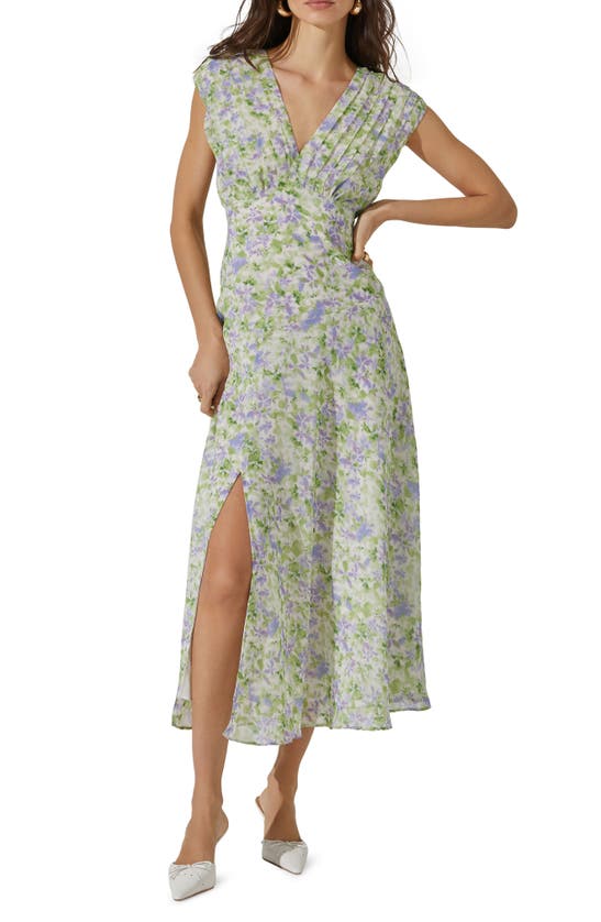 Astr Floral Pleated Bodice Midi Dress In Green Lavender Floral