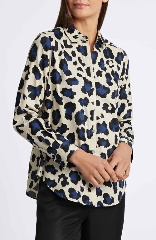 Foxcroft Charlie Leopard Print Cotton Button-up Shirt In Pacific Blue Mu