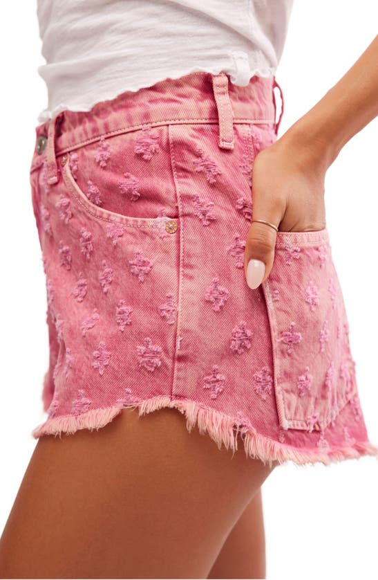 Shop Free People Mixed Emotions Distressed High-low Denim Shorts In Dragonfruit Sorbet