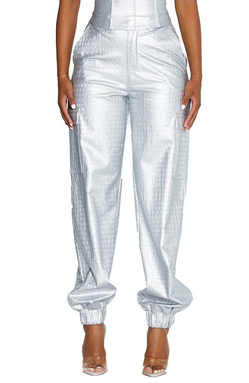 Naked Wardrobe The Crocodile Faux Leather Joggers in Silver