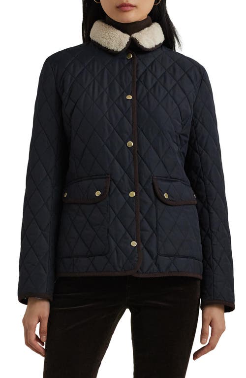 Shop Lauren Ralph Lauren Quilted Faux Shearling Collar Jacket In Dark Navy