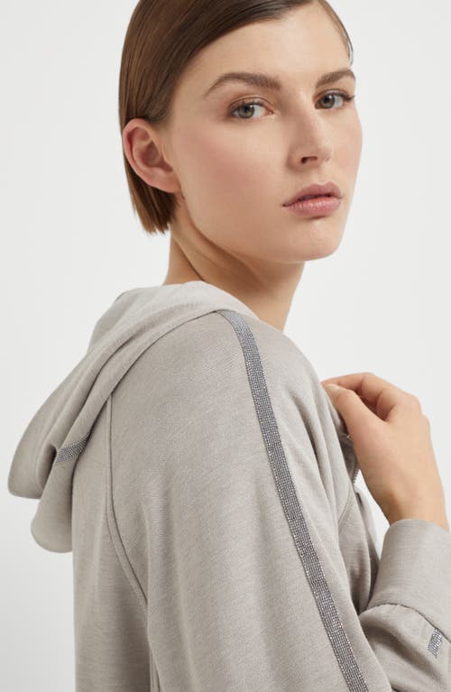 Shop Brunello Cucinelli Cotton And Silk Interlock Hooded Sweatshirt With Precious Stripe In Light Grey