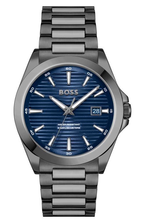 Hugo Boss Men's Strike Quartz Basic Calendar Ionic Plated Grey Steel Watch 41mm In Blue