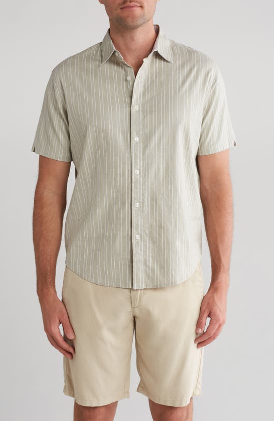 Shop Pto Island Stripe Short Sleeve Linen Blend Shirt In Tan