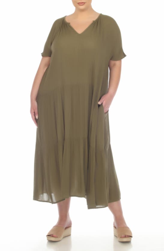 Shop Boho Me Short Sleeve Tiered Maxi Dress In Olive Burnt