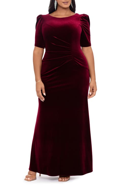Ruched Puff Sleeve Velvet Gown (Plus Size)