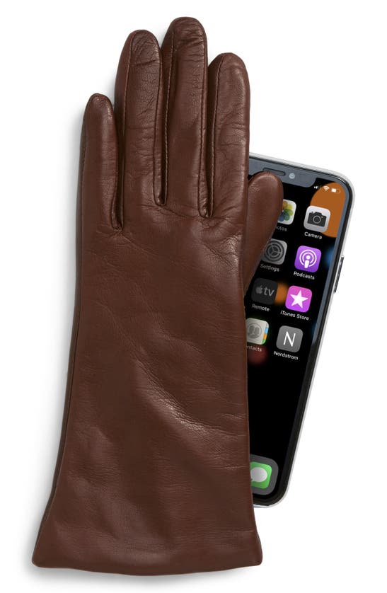 Shop Nordstrom Cashmere Lined Leather Touchscreen Gloves In Saddle