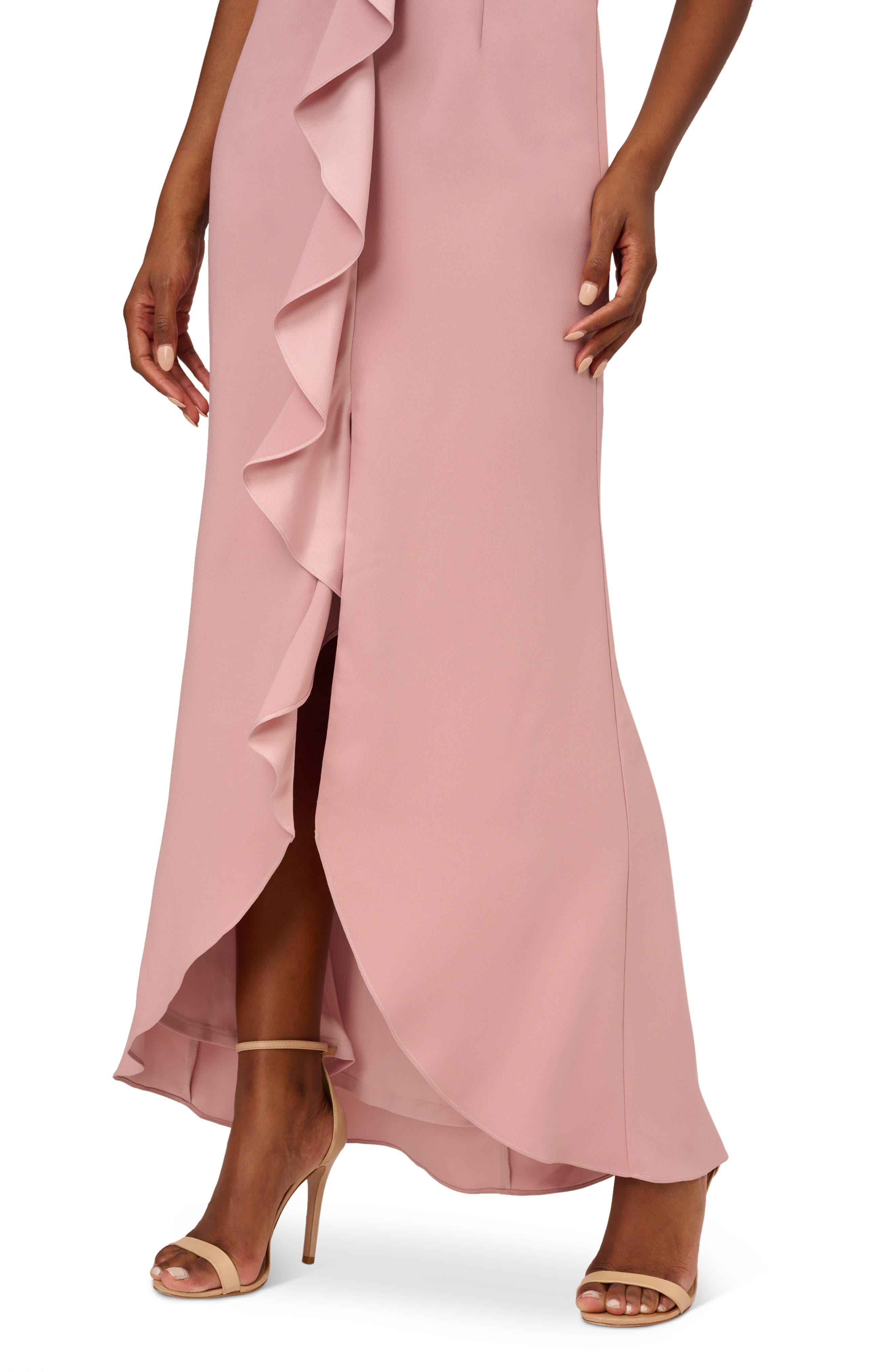 Adrianna Papell Ruffle Front Crepe Back Satin Gown in Steel Rose