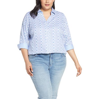 Plus Size Foxcroft Mary Medallion Tile Print Shirt, Blue