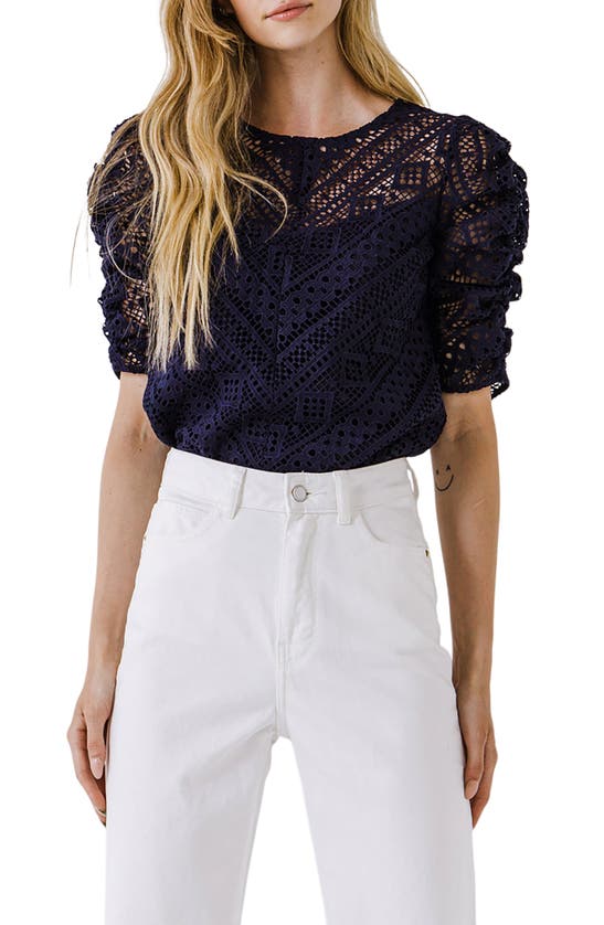 Endless Rose Lillian Lace Embroidered Top In Navy In Navy